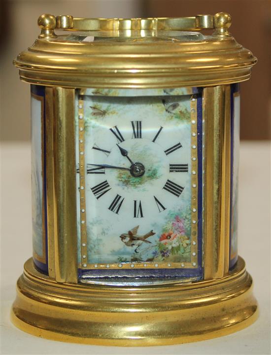 An early 20th century French gilt brass carriage timepiece, 3.75in.